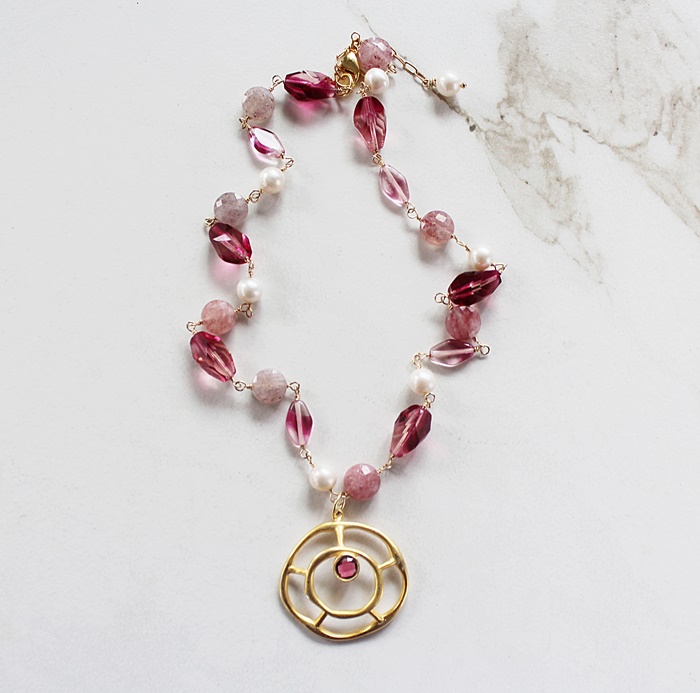 Strawberry Quartz, Fresh Water Pearl & Mixed Glass Necklace - The Priya Necklace
