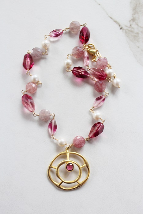 Strawberry Quartz, Fresh Water Pearl & Mixed Glass Necklace - The Priya Necklace
