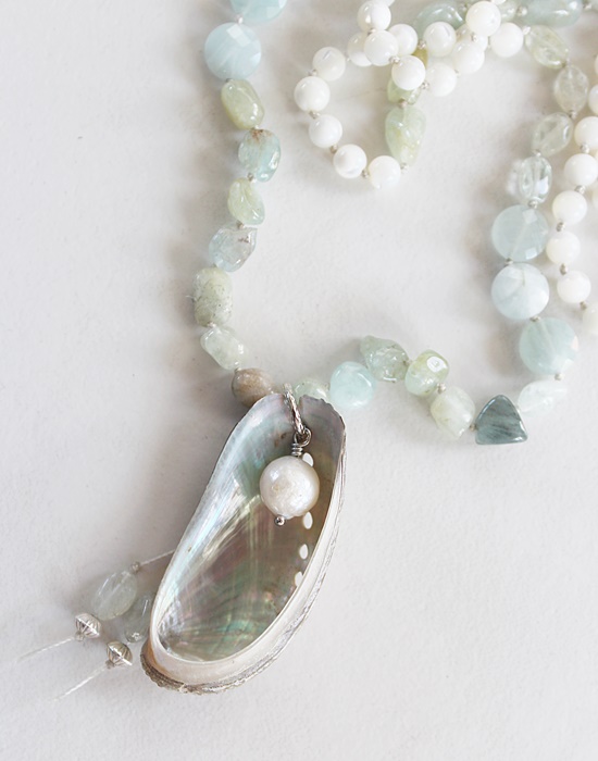 Hand Tied Aquamarine, Mother of Pearl Necklace - The Oyster Bay Necklace