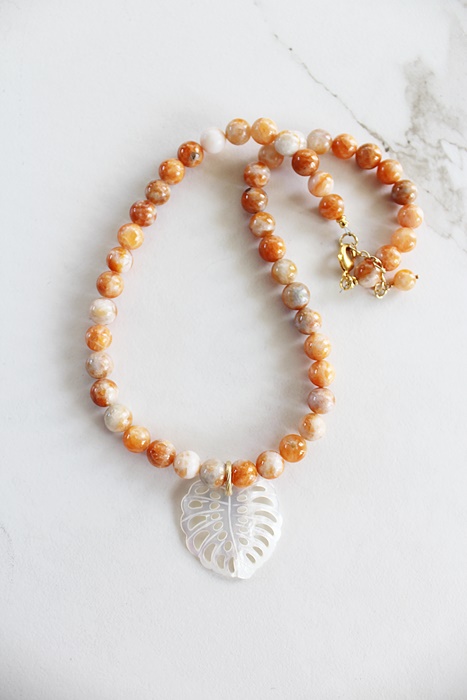 Sunstone OR Aqua Sea Sediment and Monsterra Leaf MOP Pendant - The Vista Necklace