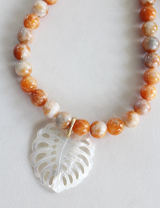Sunstone OR Aqua Sea Sediment and Monsterra Leaf MOP Pendant - The Vista Necklace
