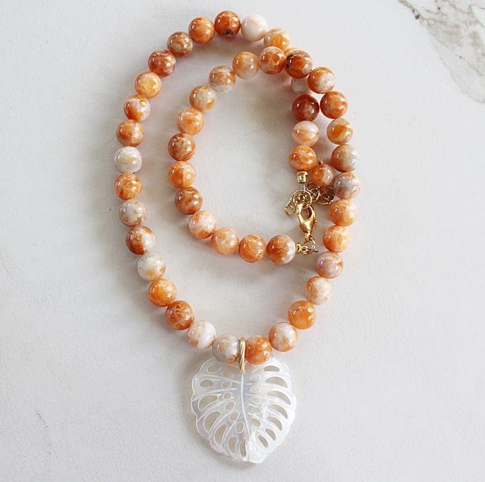 Sunstone OR Aqua Sea Sediment and Monsterra Leaf MOP Pendant - The Vista Necklace