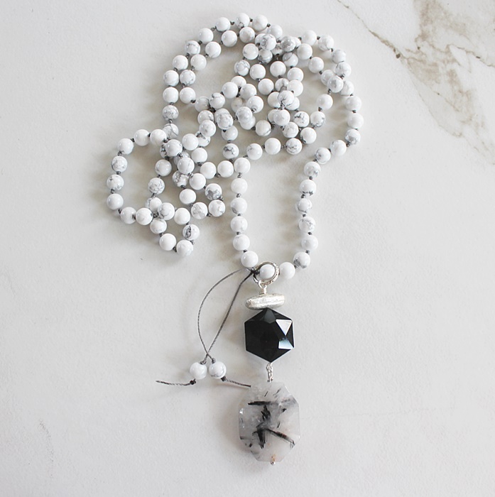 Magnesite and Rutiliated Quartz Pendant Necklace - The Lagos Necklace
