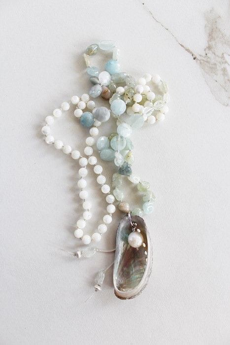 Hand Tied Aquamarine, Mother of Pearl Necklace - The Oyster Bay Necklace
