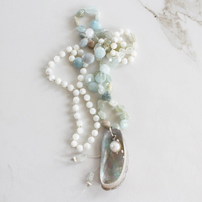 Hand Tied Aquamarine, Mother of Pearl Necklace - The Oyster Bay Necklace