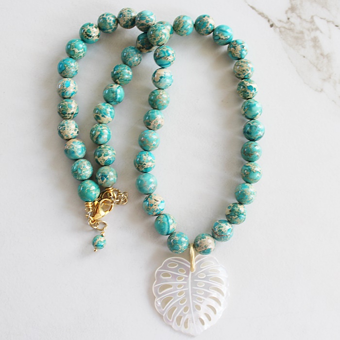 Sunstone OR Aqua Sea Sediment and Monsterra Leaf MOP Pendant - The Vista Necklace