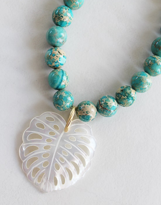 Sunstone OR Aqua Sea Sediment and Monsterra Leaf MOP Pendant - The Vista Necklace