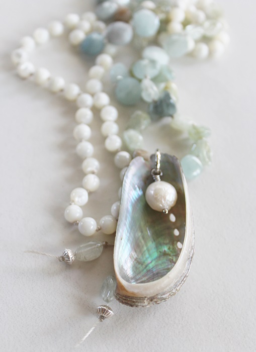 Hand Tied Aquamarine, Mother of Pearl Necklace - The Oyster Bay Necklace