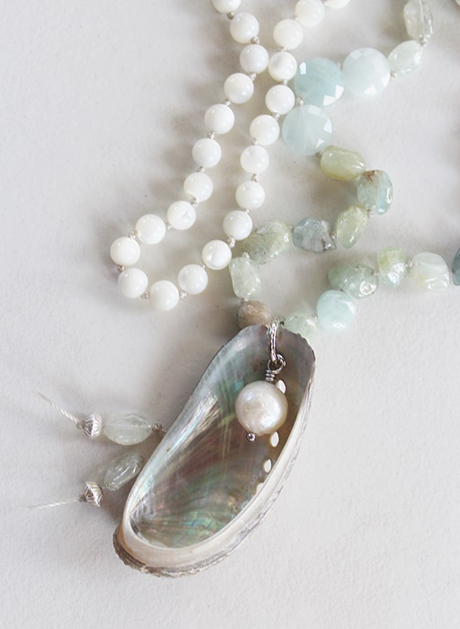 Hand Tied Aquamarine, Mother of Pearl Necklace - The Oyster Bay Necklace