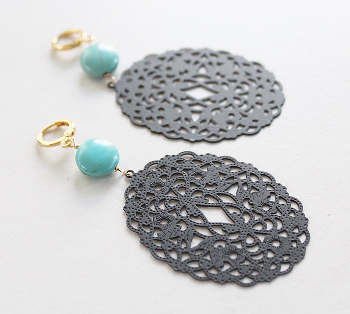 Turquoise Coin and Black Filigree Earrings - The Trina Earrings