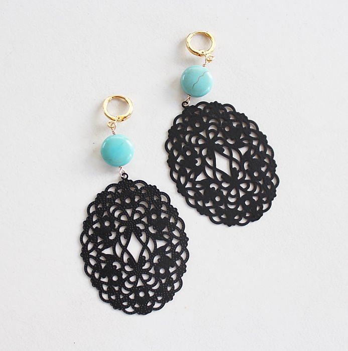 Turquoise Coin and Black Filigree Earrings - The Trina Earrings