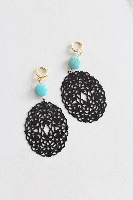 Turquoise Coin and Black Filigree Earrings - The Trina Earrings