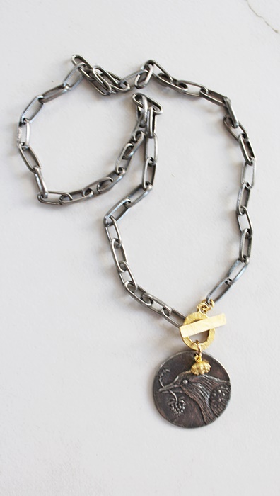 Oxidized Paper Clip Chain with Bird Pendant - The Robin Necklace