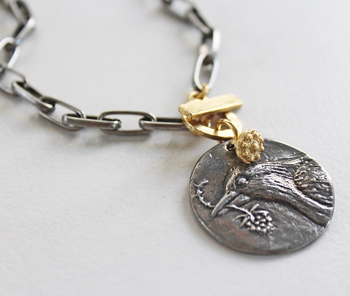 Oxidized Paper Clip Chain with Bird Pendant - The Robin Necklace