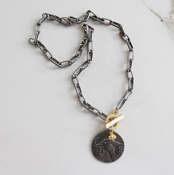 Oxidized Paper Clip Chain with Bird Pendant - The Robin Necklace