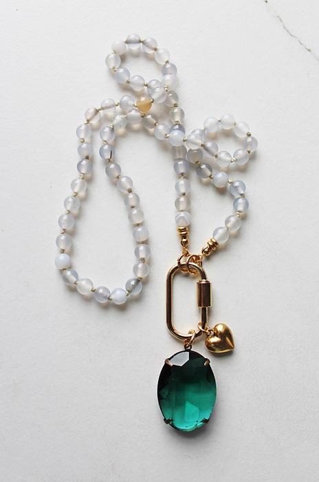 Hand Knotted Agate with Emerald Green Cabachon - The Doolin Necklace