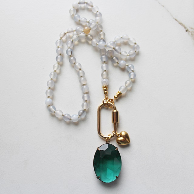 Hand Knotted Agate with Emerald Green Cabachon - The Doolin Necklace