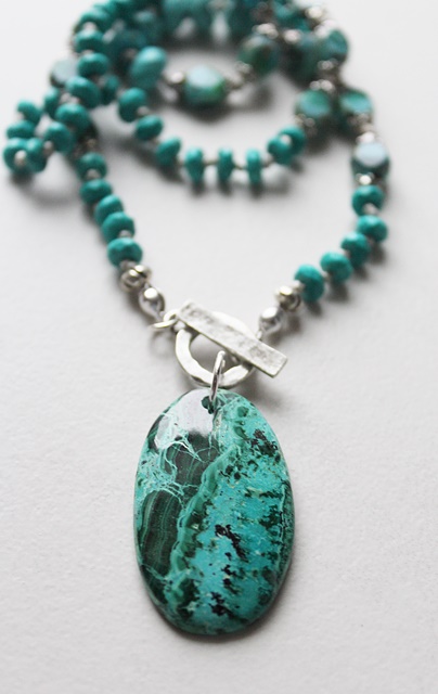 Turquoise, Czech Glass and Chrysoprase Pendant -  The Talia Necklace