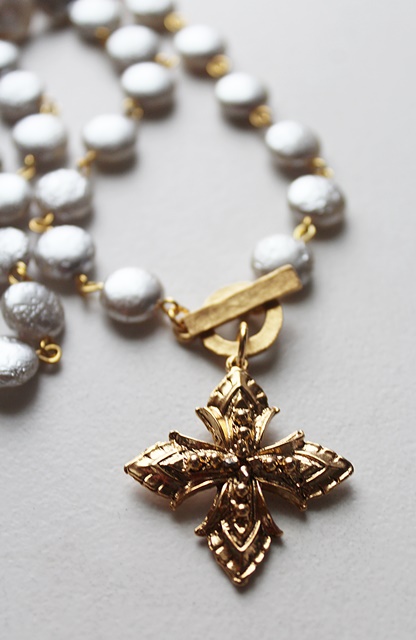 Vintage Gray Glass Coin and Cross Necklace - The Jerusalem Necklace