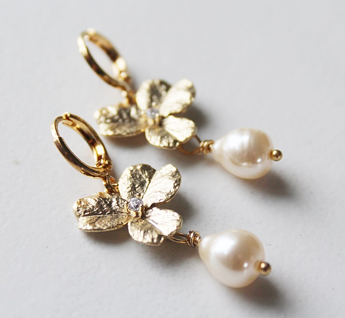 Vintage Glass Pearl Drop and Hydrangea CZ Earrings - The Starlight Earrings