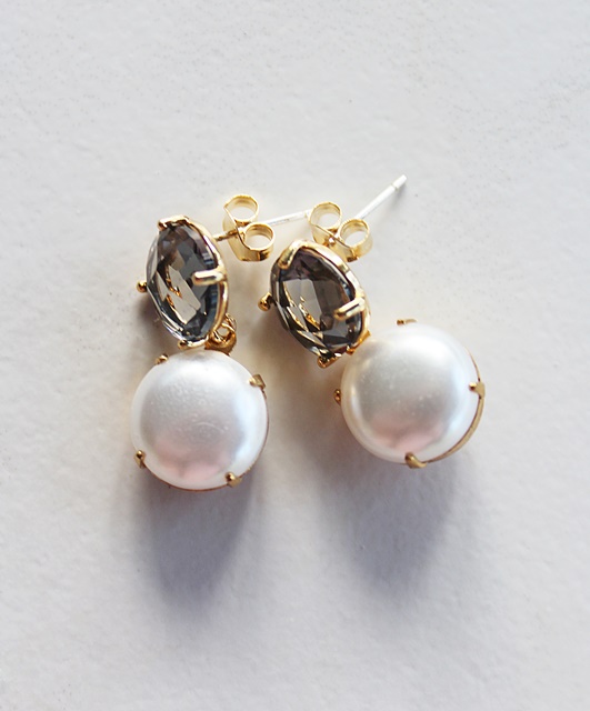 Post Style Gray Glass and Pearl Cabachon Earrings - The Carolyn Earrings