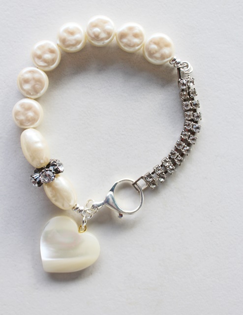 Vintage Pearl, Rhinestone Bar and MOP Heart - The Chantel Bracelet
