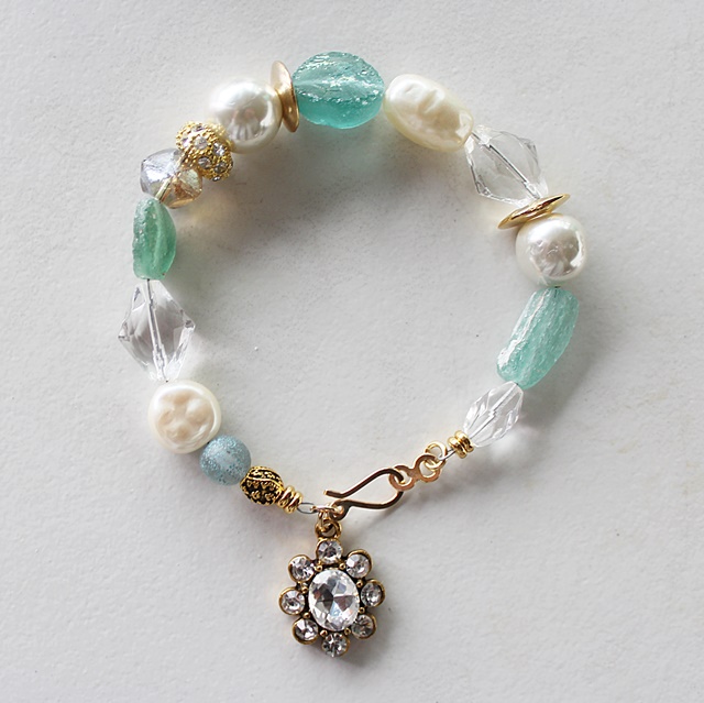 Vintage Glass Pearls, Ancient Roman Glass, Rhinestones - The Janessa Bracelet