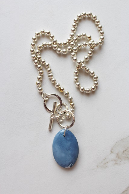 Blue Opal Pendant on Sterling Clad Ball Chain - The Candace Necklace