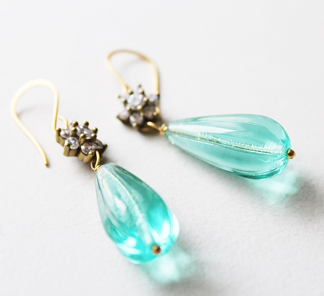 Aqua Green or Clear Glass and Rhinestone Drop Earrings - The Claire Earrings