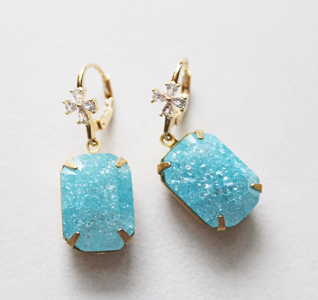 Aqua Blue Sparkly Cabachon Drop Earrings - The Erin Earrings