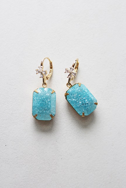 Aqua Blue Sparkly Cabachon Drop Earrings - The Erin Earrings