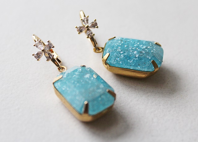 Aqua Blue Sparkly Cabachon Drop Earrings - The Erin Earrings