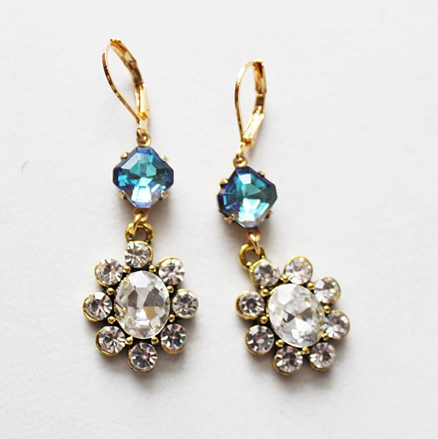 Rhinestone and Blue Glass Cabachon Earrings - The Darcy Earrings