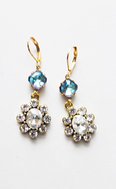Rhinestone and Blue Glass Cabachon Earrings - The Darcy Earrings