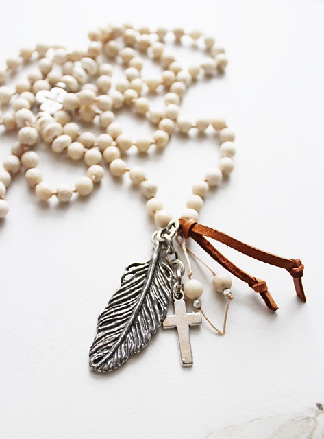 Handtied River Stone Beaded Feather Necklace - The Feather Necklace