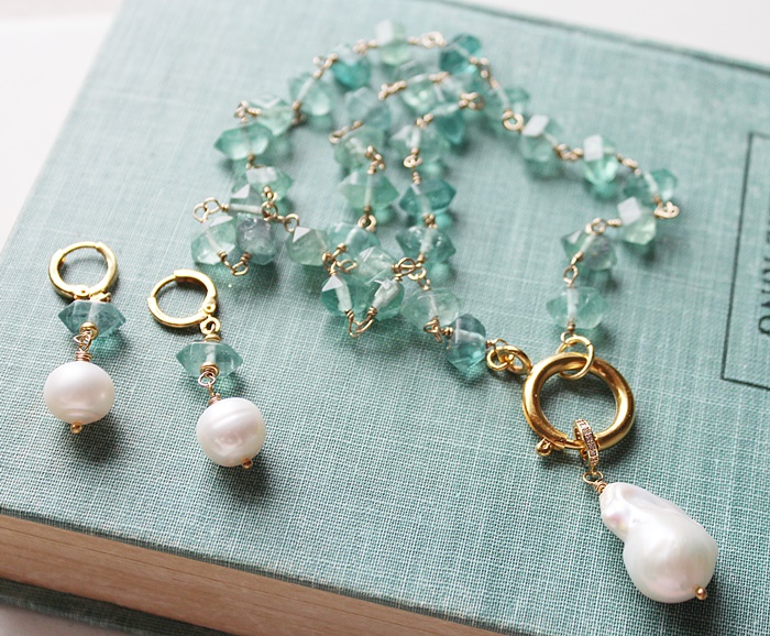 Green Fluorite and Gold Necklace with Baroque Pearl Pendant - The Natasha Necklace