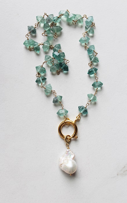 Green Fluorite and Gold Necklace with Baroque Pearl Pendant - The Natasha Necklace