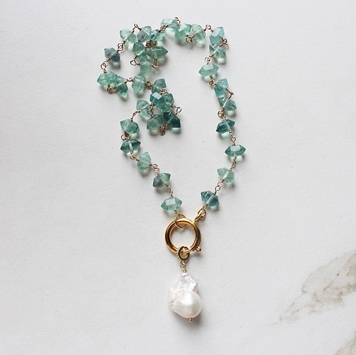 Green Fluorite and Gold Necklace with Baroque Pearl Pendant - The Natasha Necklace