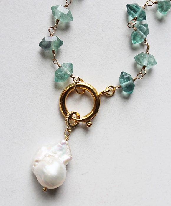 Green Fluorite and Gold Necklace with Baroque Pearl Pendant - The Natasha Necklace