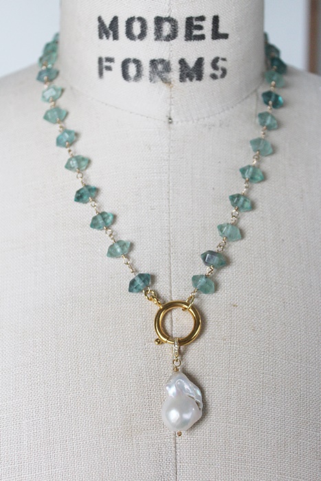 Green Fluorite and Gold Necklace with Baroque Pearl Pendant - The Natasha Necklace