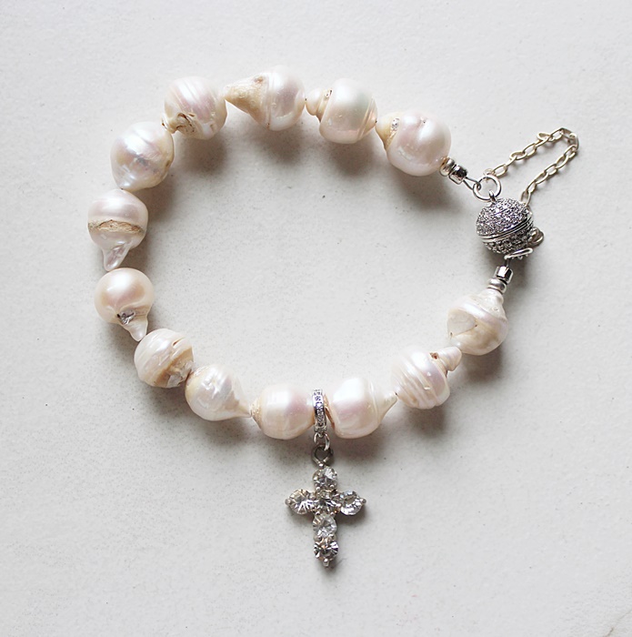 Fresh Water Pearl and Vintage Glass Cross Bracelet - The Grace Bracelet