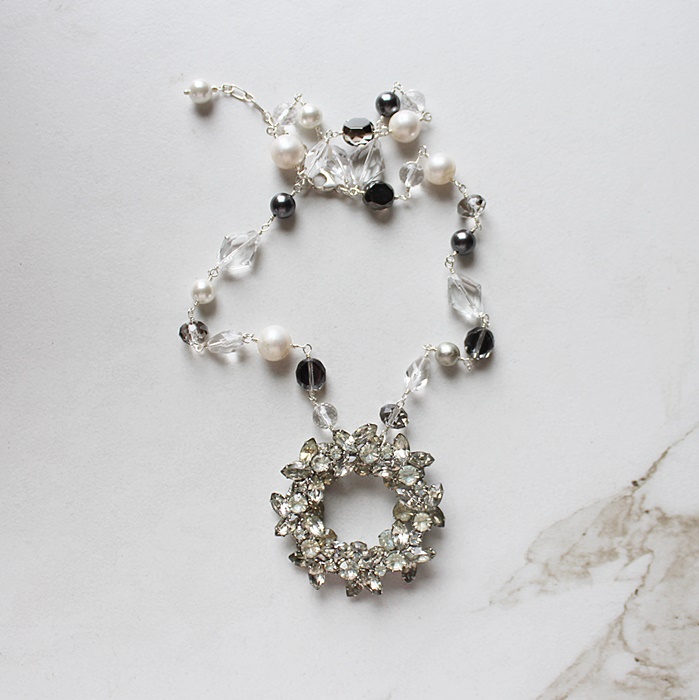 OOAK Pearl, Quartz, Czech Glass Rhinestone Pendant Necklace - The Celebration Necklace