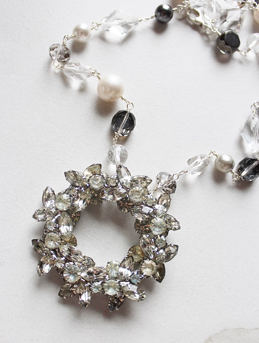 OOAK Pearl, Quartz, Czech Glass Rhinestone Pendant Necklace - The Celebration Necklace