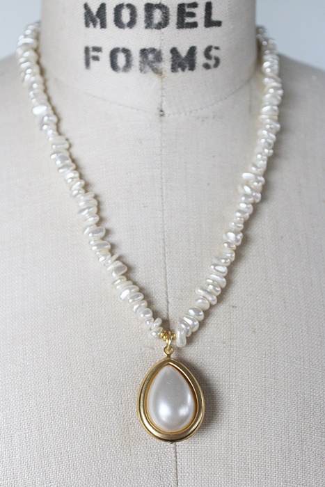 Vintage Creamy Glass Pebble Pearls with Vintage Pearl Pendant - The Angela Necklace