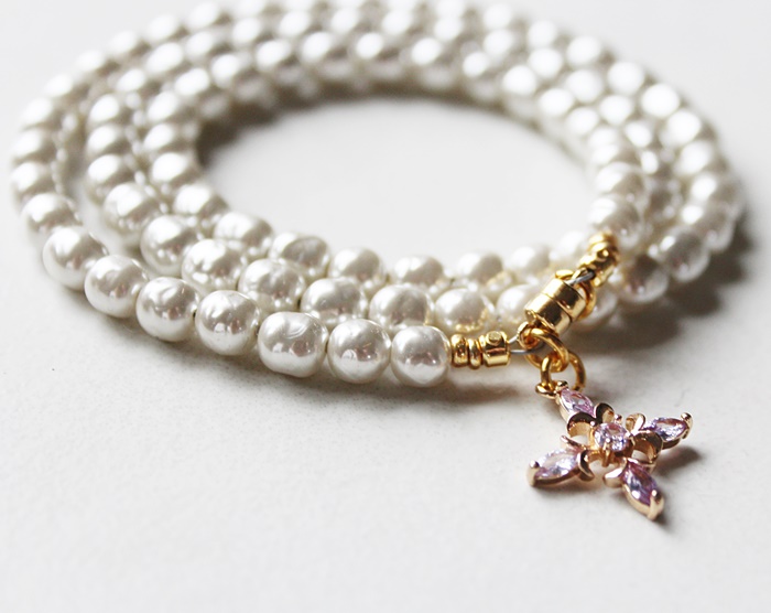 Vintage Glass Soft Gray Pearls Triple Wrap/Necklace with Charm - The Stacy Bracelet