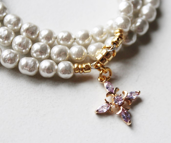 Vintage Glass Soft Gray Pearls Triple Wrap/Necklace with Charm - The Stacy Bracelet