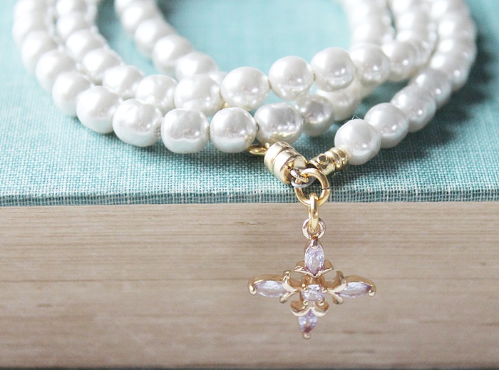 Vintage Glass Soft Gray Pearls Triple Wrap/Necklace with Charm - The Stacy Bracelet