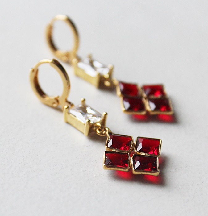Garnet Square and CZ Post Style or Leverback  Earrings - The Ruby Earrings