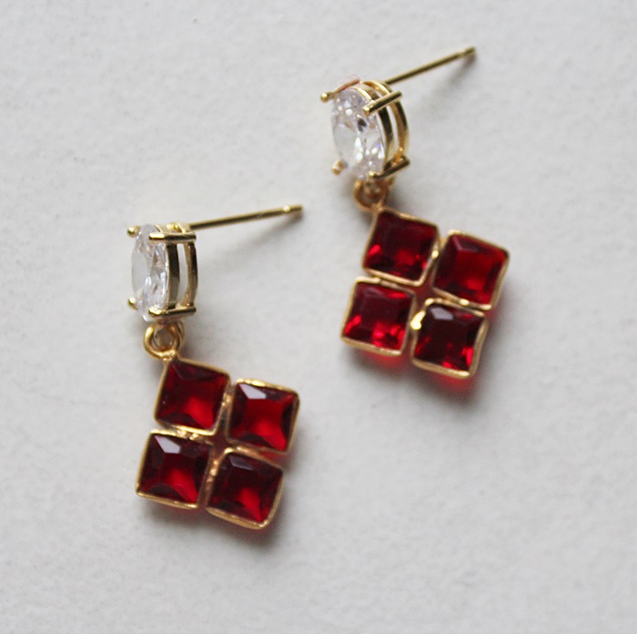 Garnet Square and CZ Post Style or Leverback  Earrings - The Ruby Earrings