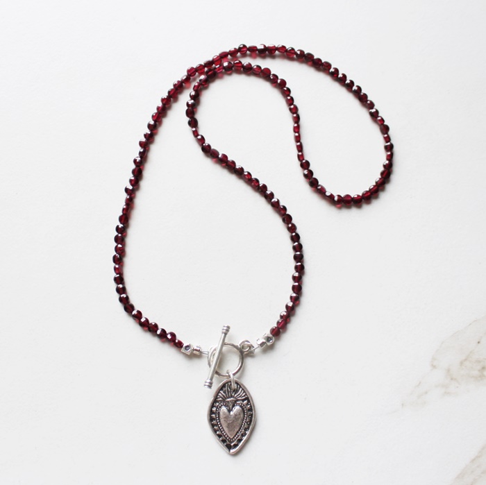 Sacred Heart Charm on Garnet Beaded Necklace - The Mercy Necklace